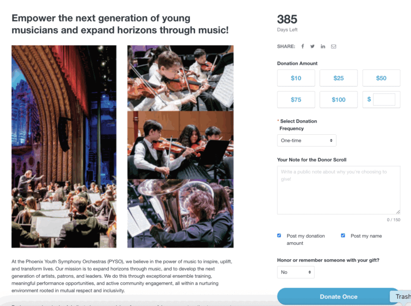 Screen shot of new PYSO donation platform, Network for Good by Bonterra. Title on page: Empower the next generation of young musicians and expand horizons through music.